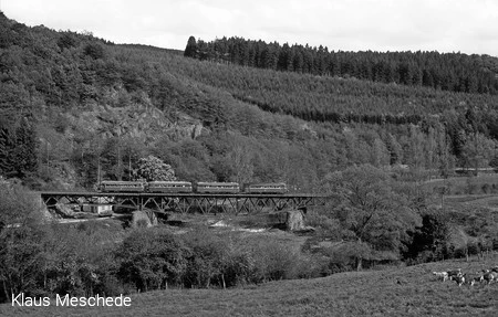 Ein Triebwagen-Sonderzug auf der Fischbauchtr&auml;gerbr&uuml;cke am 2. Juni 1984