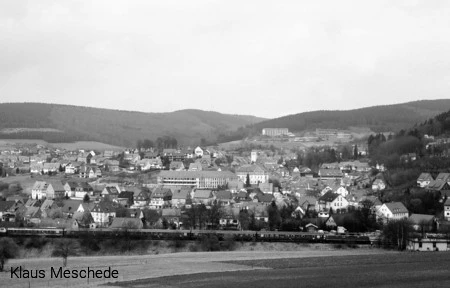 Ein Sonderzug mit der Diesellok V 200 033 vor dem Stadtbild von Fredeburg im März 1991